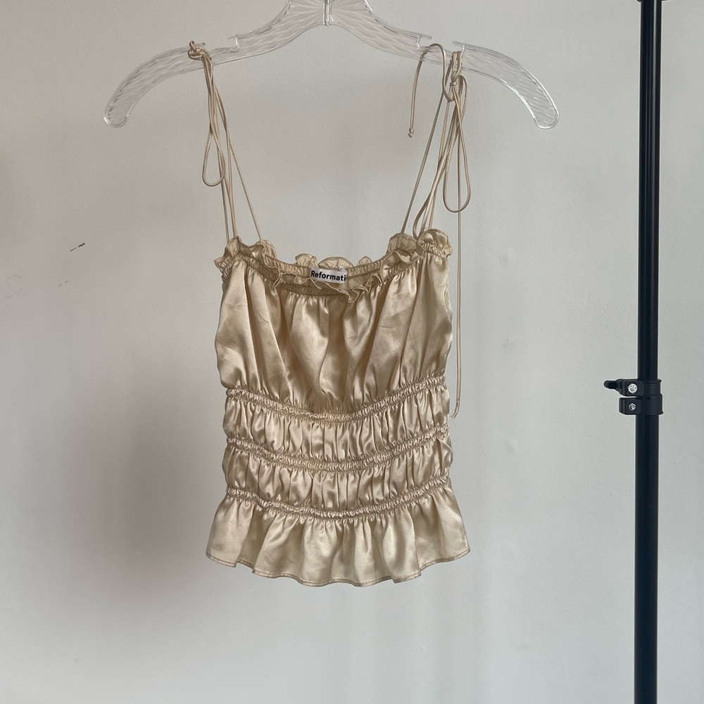 Reformation gold Viviana silk top, size S